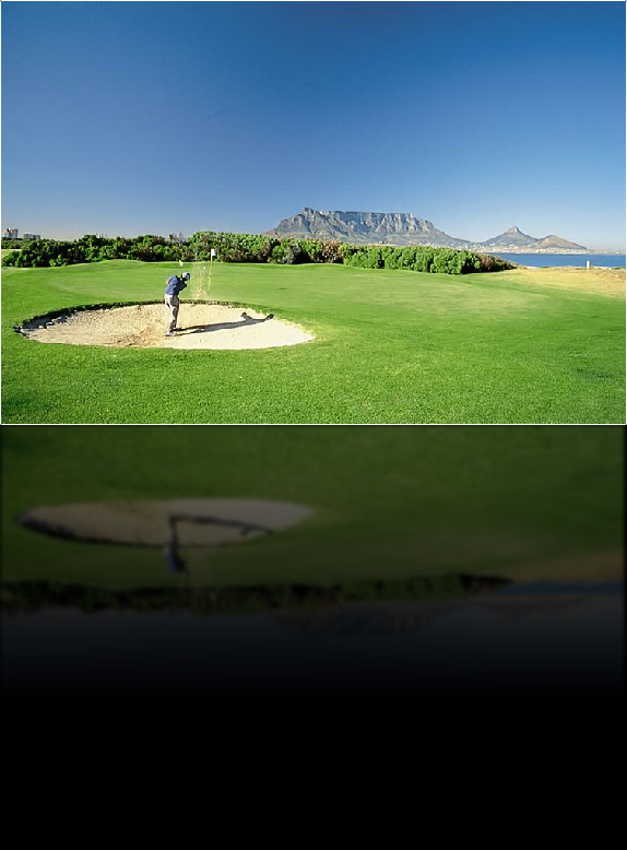 Golfer auf grünem Gras vor spektakulärer Kulisse